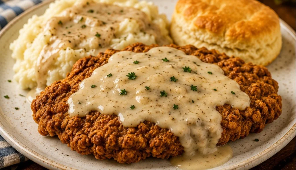 Delicious Chicken Fried Steak served with white gravy and sides