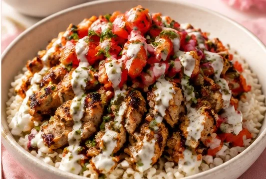 Delicious Chicken Gyro Bowl with tender chicken, fresh vegetables, and sauce