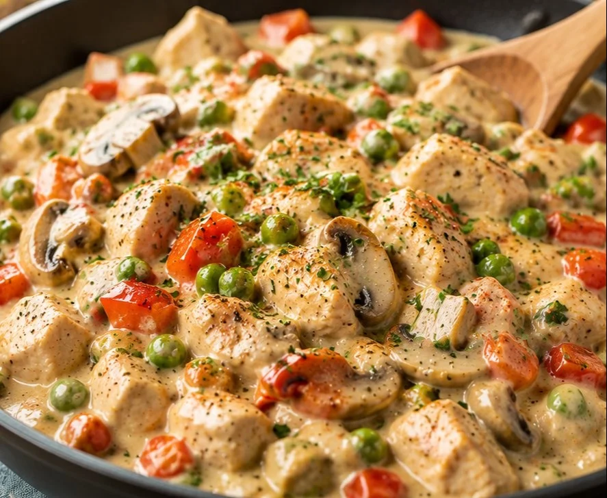 Delicious Chicken in the Style of the King served on a plate