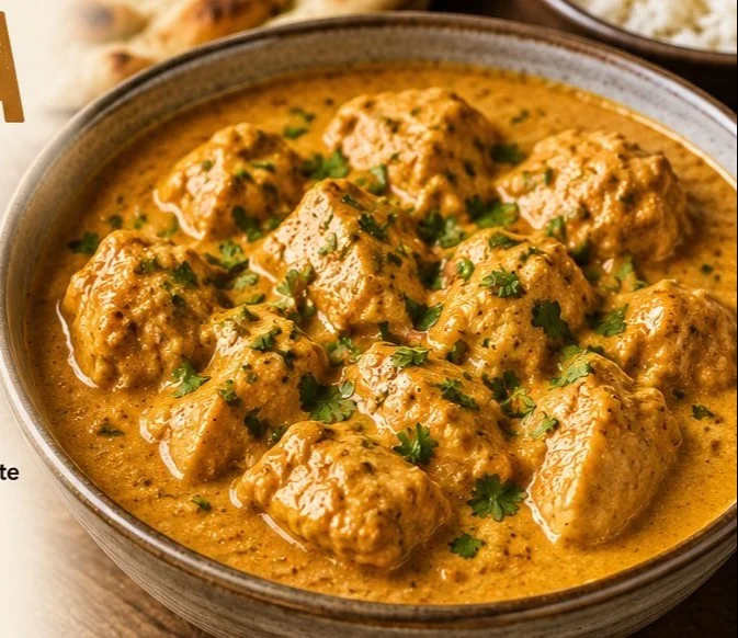 Delicious Chicken Korma served with naan and basmati rice