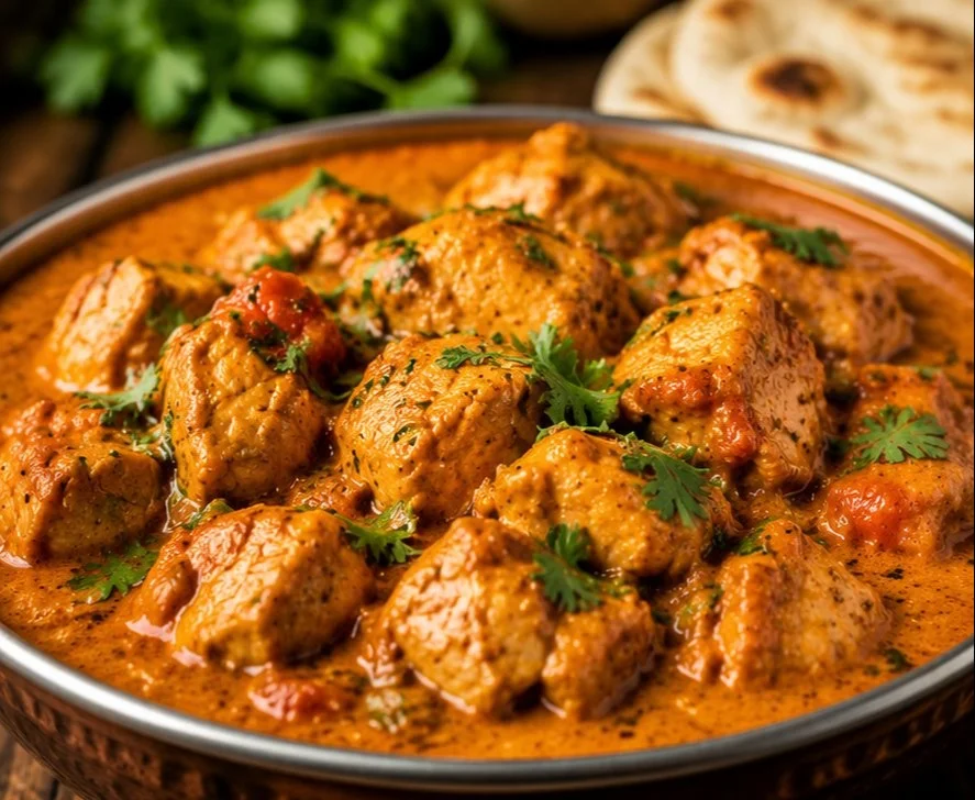 Delicious Chicken Masala served with rice and garnished with cilantro