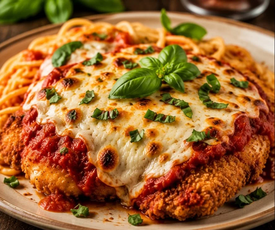 Delicious Chicken Parmigiana topped with marinara sauce and melted cheese