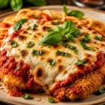 Delicious Chicken Parmigiana topped with cheese and marinara sauce on a plate.