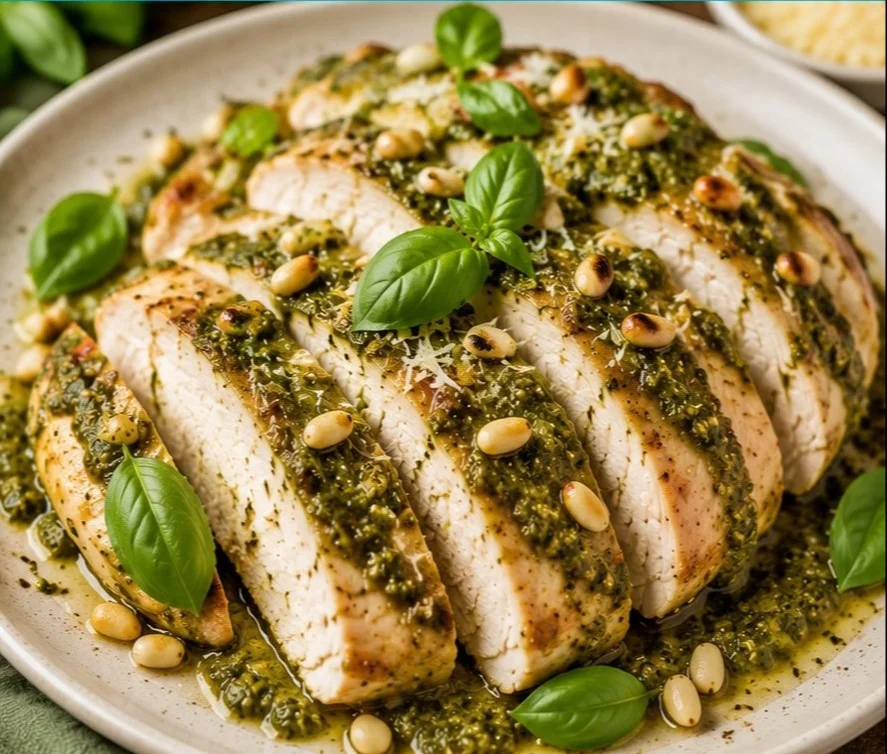 Delicious Chicken Pesto served with fresh basil and pine nuts.