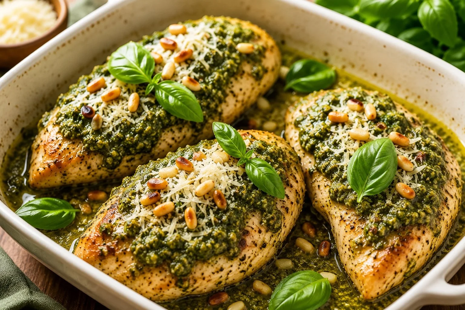 Plate of Chicken Pesto with fresh ingredients and vibrant colors