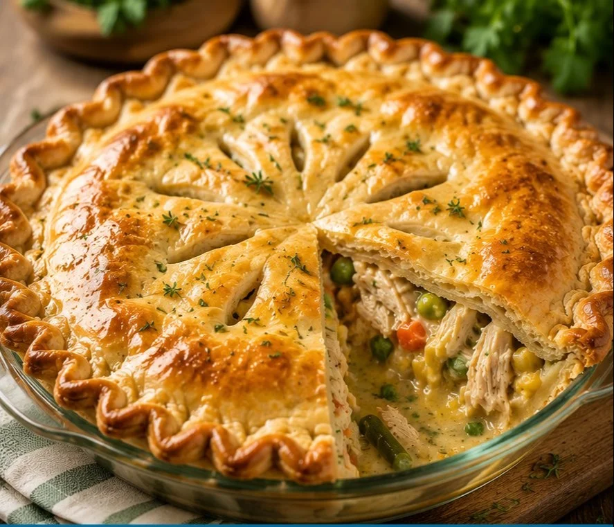 Homemade chicken pie with flaky crust and savory filling