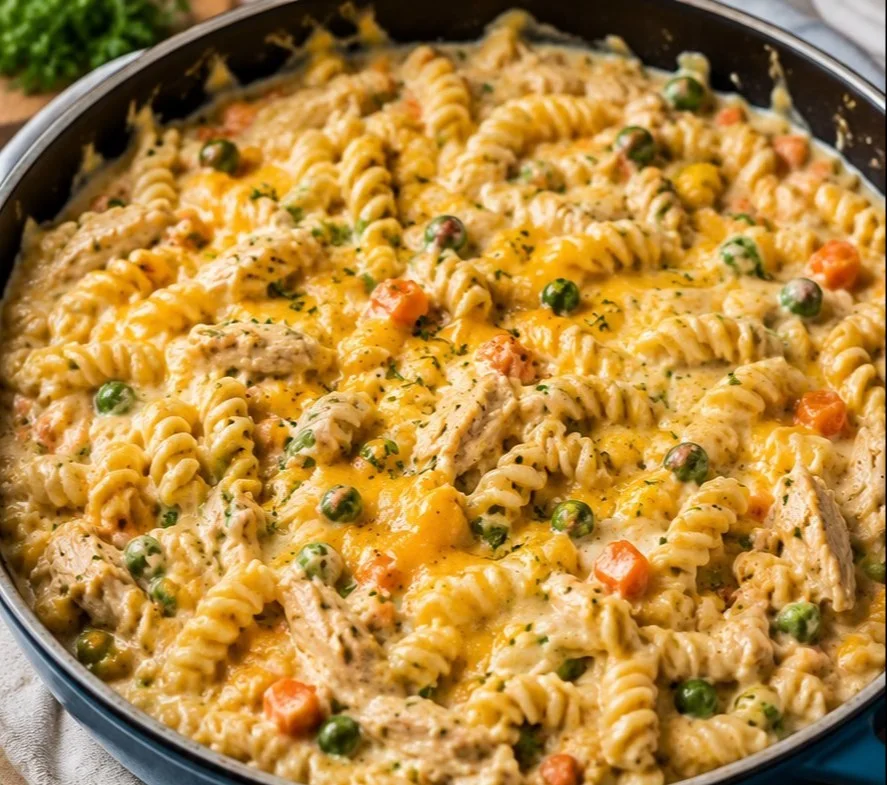 Delicious Chicken Pot Pie Pasta garnished with fresh herbs served in a bowl.