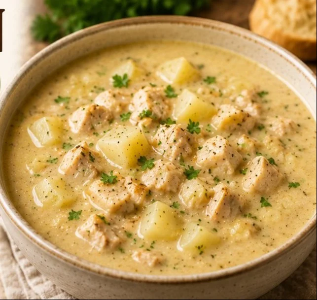 Bowl of delicious Chicken Potato Soup with chicken and potatoes