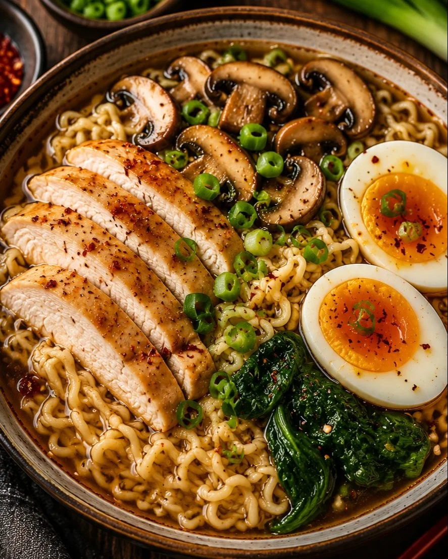 Bowl of Chicken Ramen Noodles with toppings
