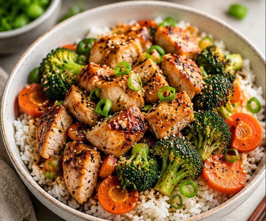 Delicious chicken rice bowl with tender chicken and seasoned rice