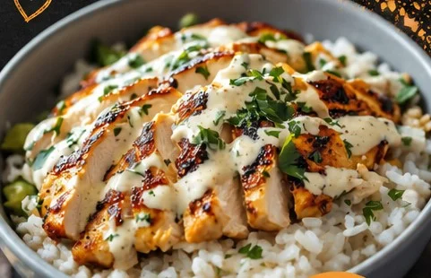 Delicious chicken rice bowls topped with creamy garlic sauce