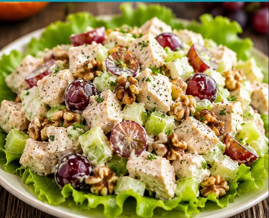 Delicious chicken salad with grapes in a bowl, showcasing fresh ingredients.