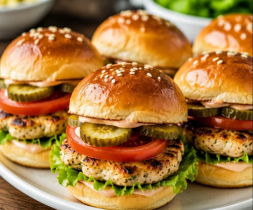 Delicious homemade chicken sliders served on a platter with toppings.