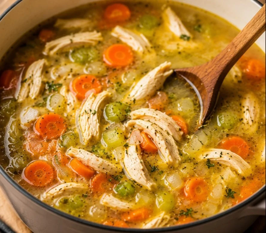 Bowl of hearty chicken soup with vegetables and herbs