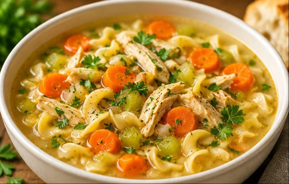 Bowl of homemade chicken soup with vegetables and herbs