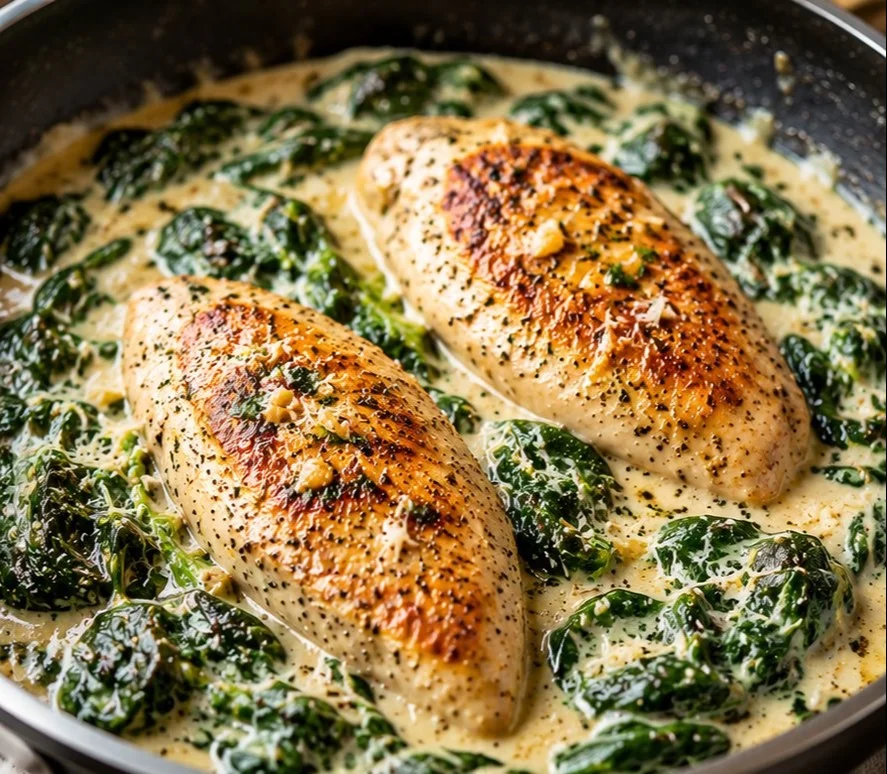 Delicious chicken spinach recipe served on a plate with garnish.