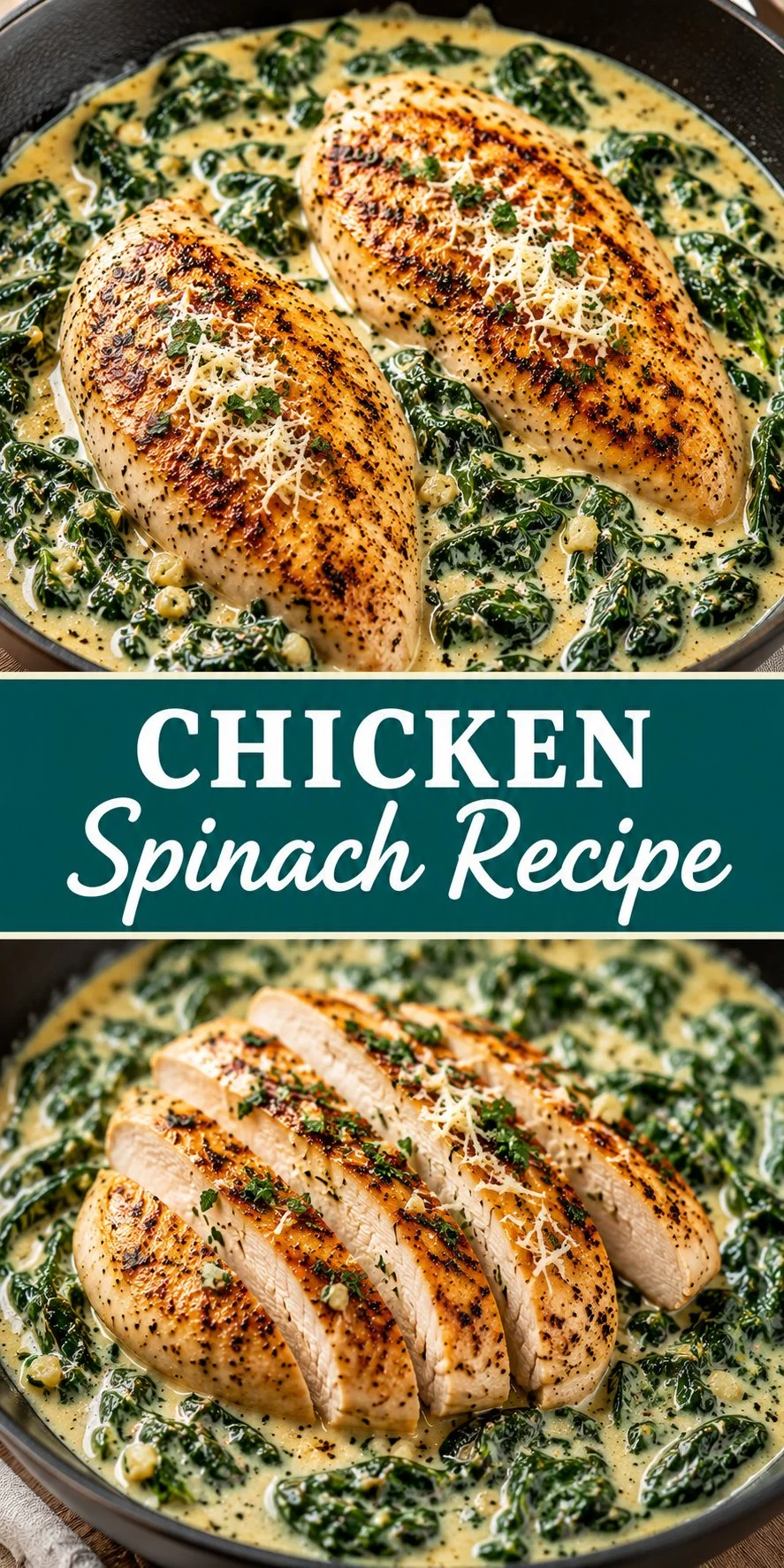 Juicy chicken spinach dish garnished and served on a plate