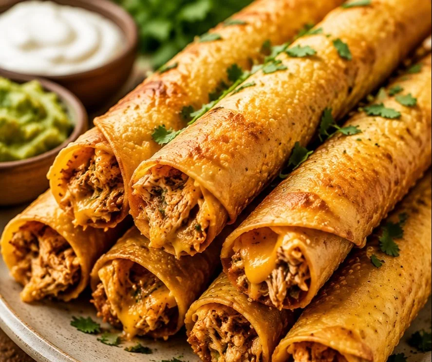 Delicious homemade Chicken Taquitos served with dipping sauce