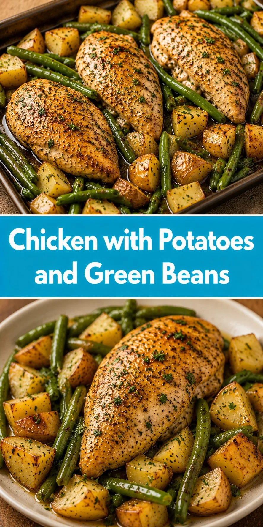 Chicken with potatoes and green beans dish served on a plate