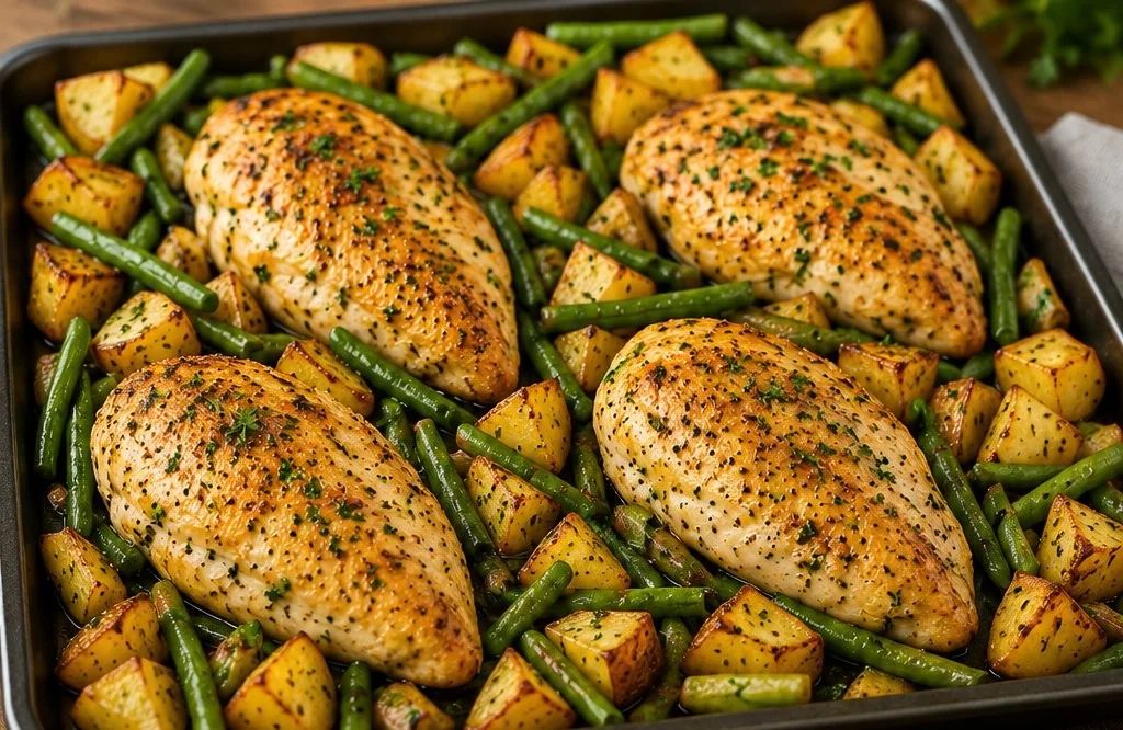 Delicious chicken with potatoes and green beans served on a plate