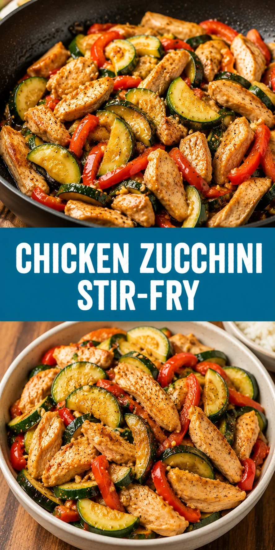 Delicious chicken zucchini stir-fry cooked with colorful vegetables.