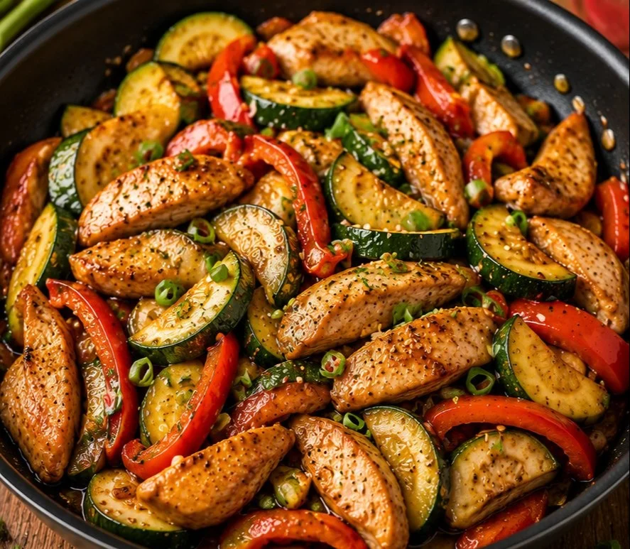 Chicken Zucchini Stir-Fry with vegetables in a colorful dish