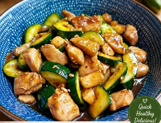 Delicious Chicken Zucchini Stir Fry with colorful vegetables in a bowl.