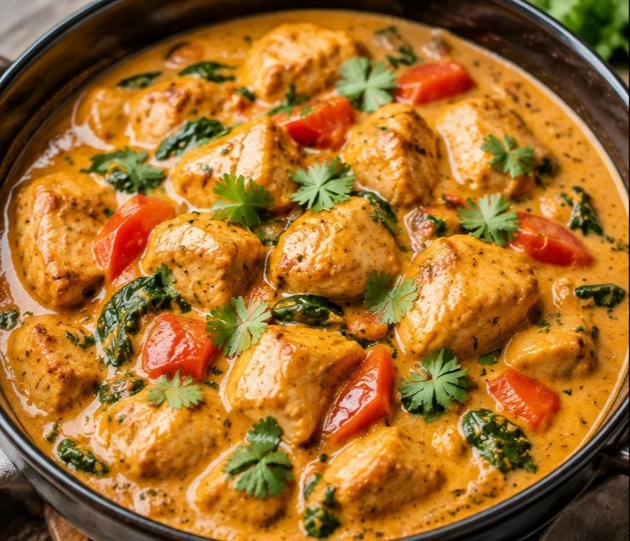A bowl of Coconut Chicken Curry with herbs and spices garnished on top.