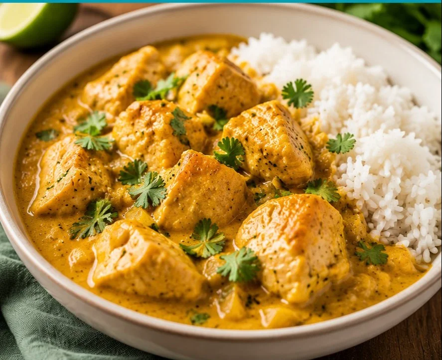 Delicious Coconut Chicken Curry served in a bowl with fresh herbs