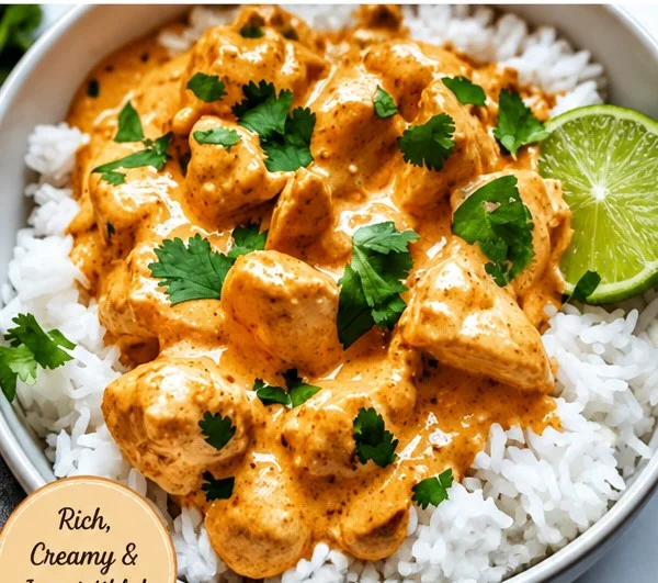 Delicious Coconut Chicken Rice Bowl topped with fresh herbs and served in a coconut shell