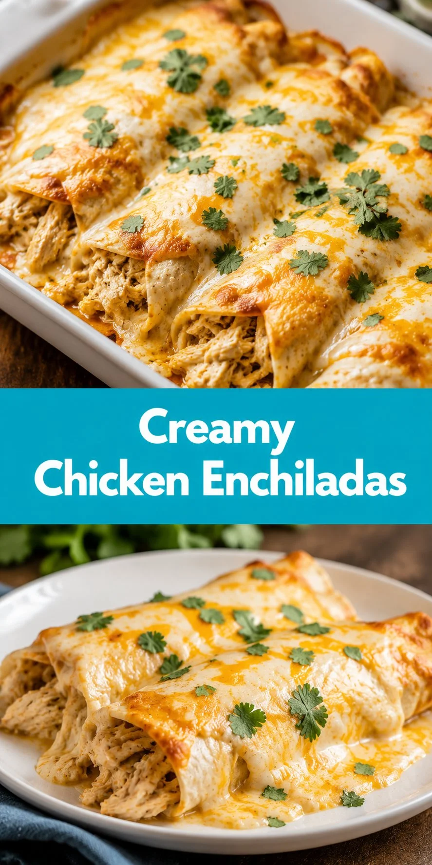 Creamy chicken enchiladas topped with cheese and fresh ingredients
