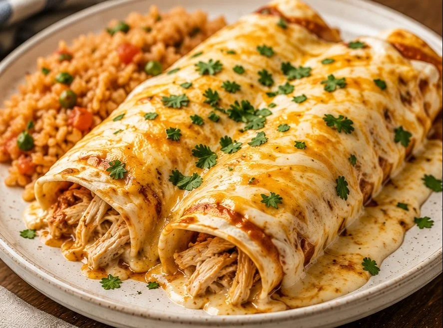 Creamy chicken enchiladas topped with cheese and garnished with cilantro