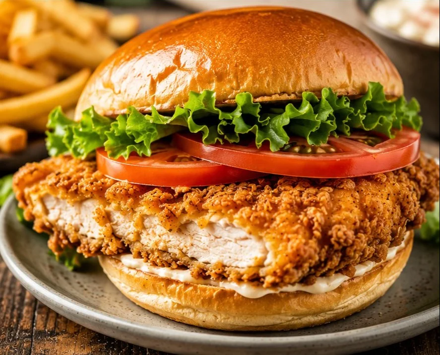 Delicious crispy chicken sandwich with lettuce and sauce on a fresh bun
