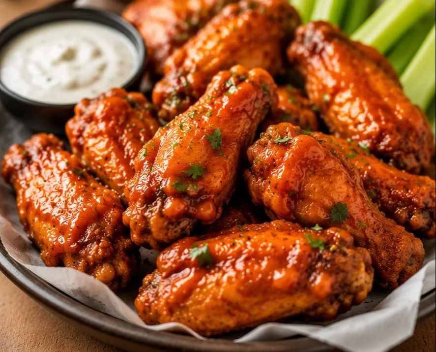 Delicious crispy chicken wings served with dipping sauce on a platter.