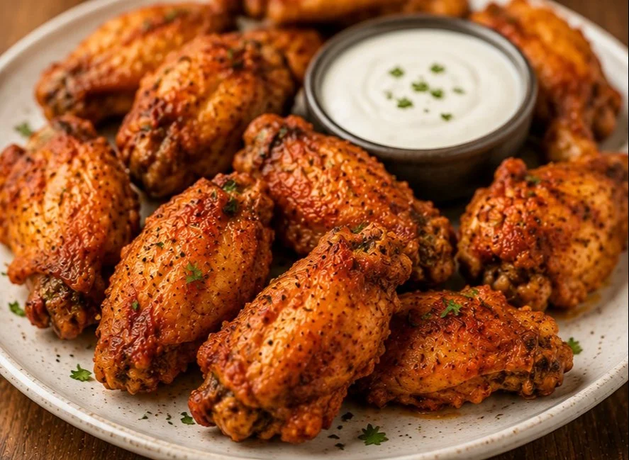 Crispy oven-baked chicken wings served with dipping sauce