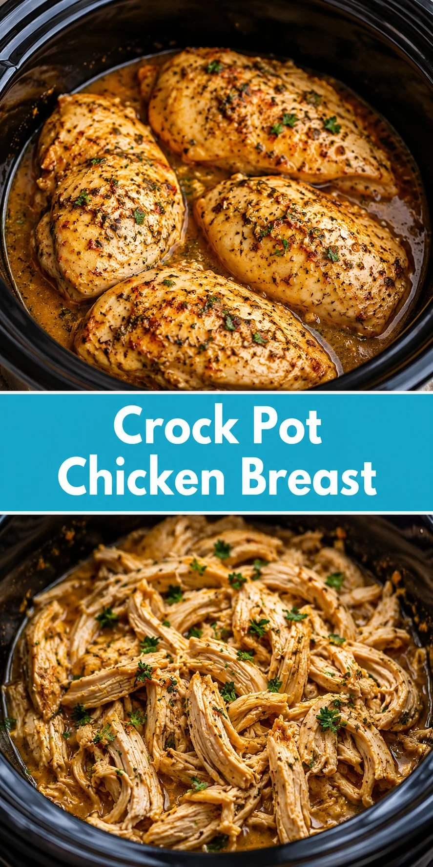 Crock Pot chicken breast cooked to perfection with vegetables and herbs.