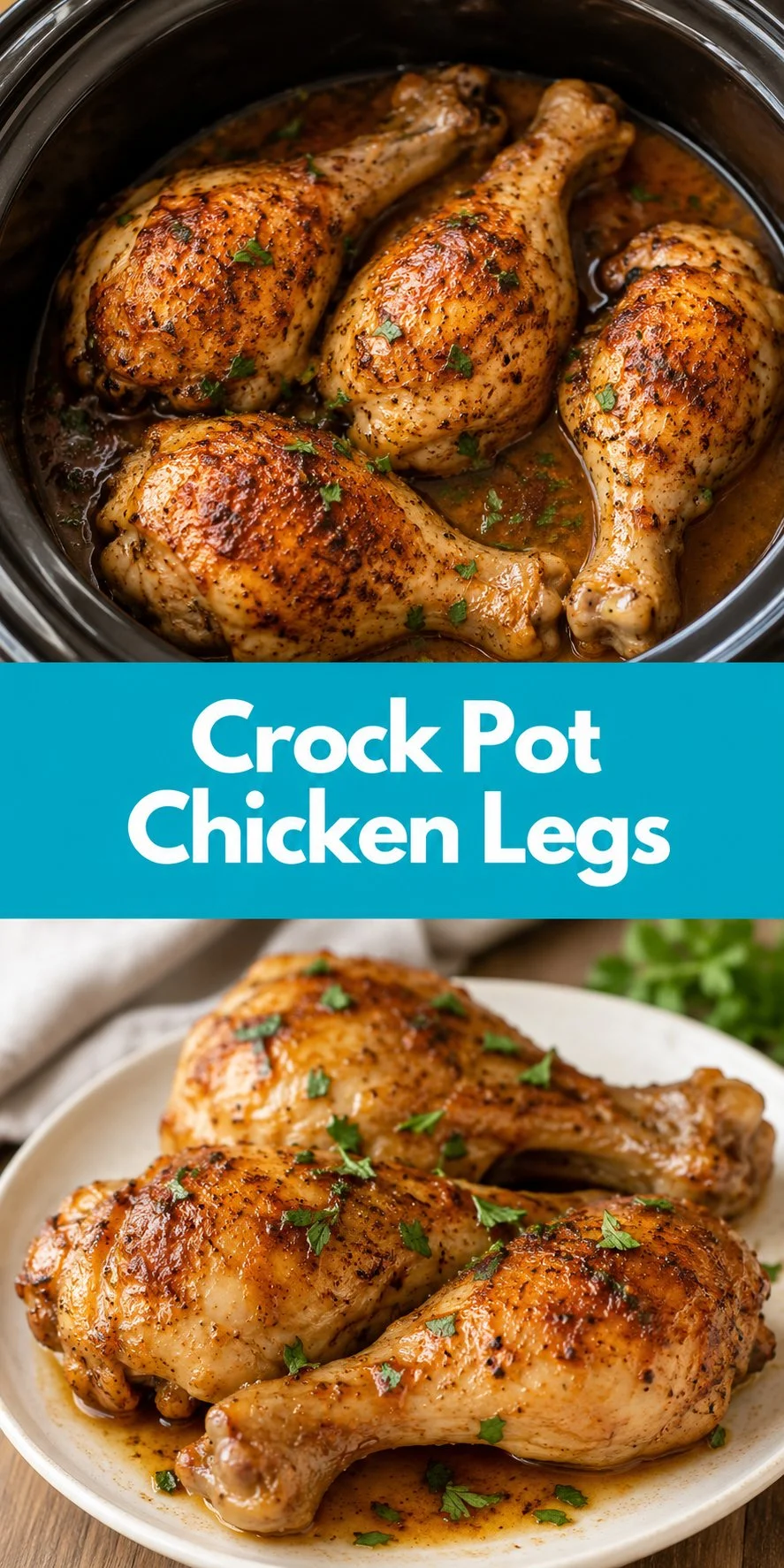 Crock Pot chicken legs cooking in a slow cooker with herbs and spices.