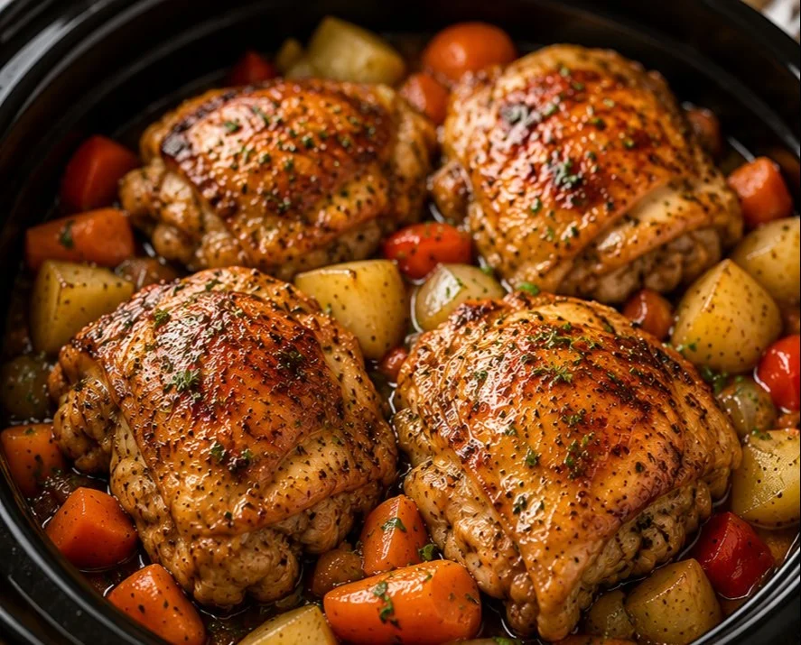A plate of tender and flavorful Crock Pot chicken thighs garnished with herbs.