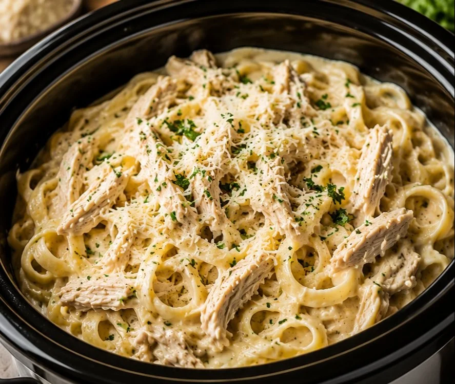 Delicious Crockpot Chicken Alfredo with creamy sauce and pasta