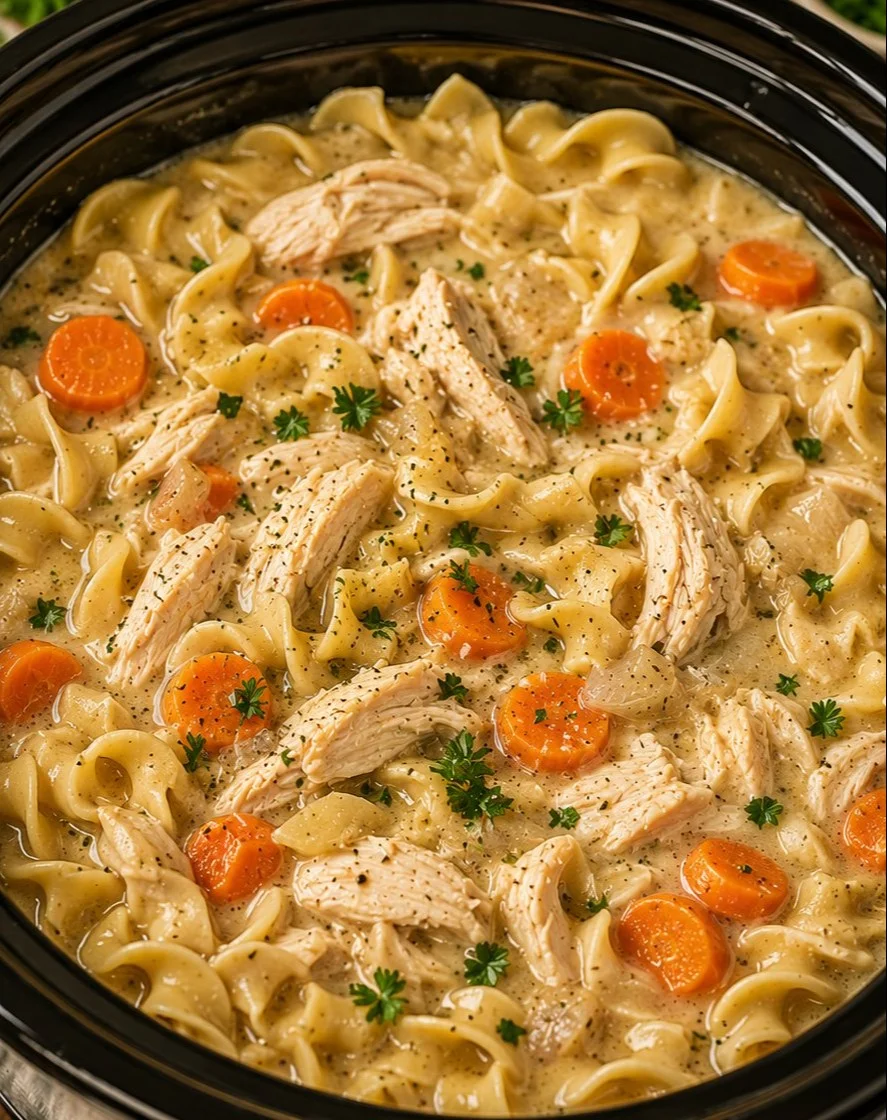 Delicious Crockpot Chicken and Noodles served in a bowl
