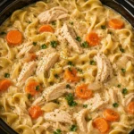 Crockpot Chicken and Noodles recipe with tender chicken and rich sauce