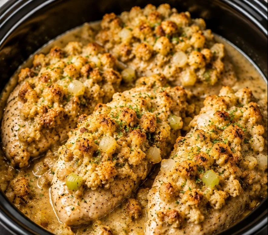 Crockpot Chicken and Stuffing recipe with a savory blend of herbs and spices