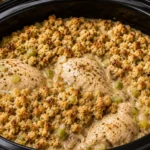 Delicious Crockpot Chicken and Stuffing prepared in a slow cooker