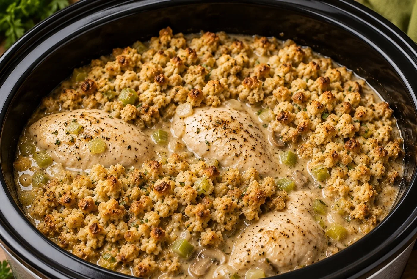 Delicious Crockpot Chicken and Stuffing prepared in a slow cooker