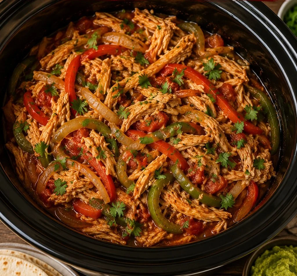 Delicious crockpot chicken fajitas ready to serve with colorful bell peppers.