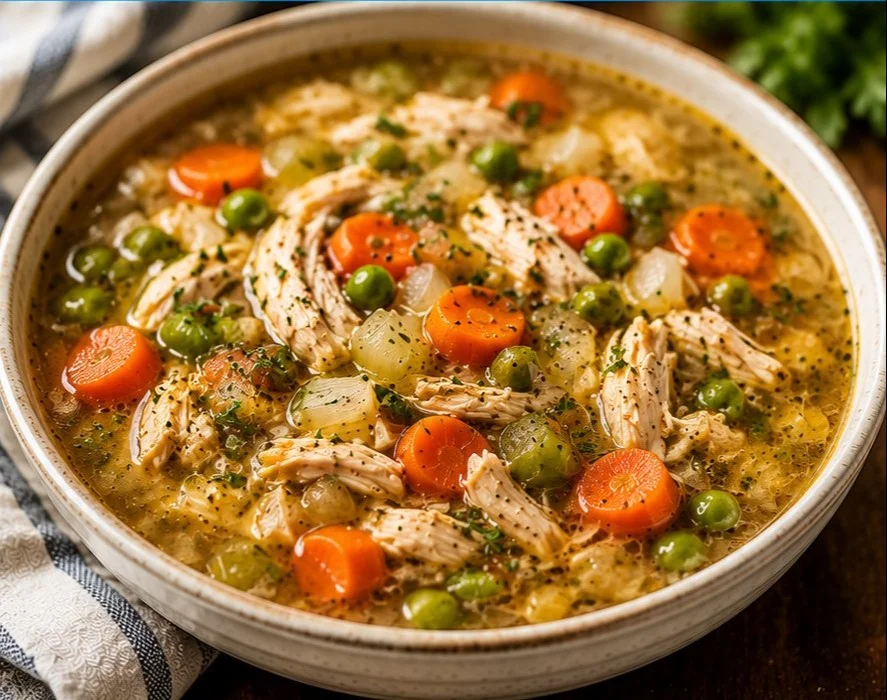 Crockpot Chicken Soup served in a bowl with fresh herbs and vegetables