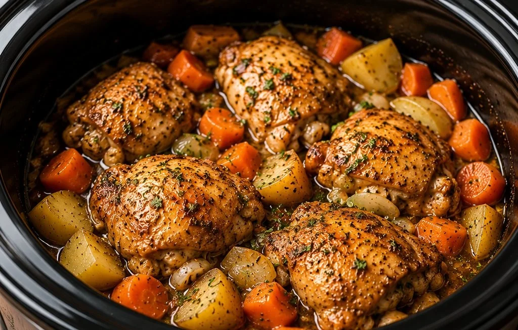 Crockpot chicken thighs cooking in a slow cooker with herbs and spices.