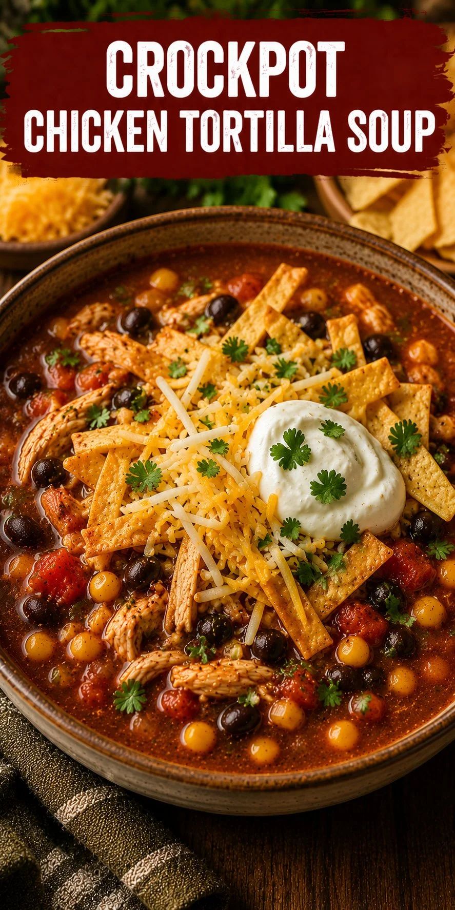 Crockpot chicken tortilla soup garnished with fresh cilantro and tortilla strips