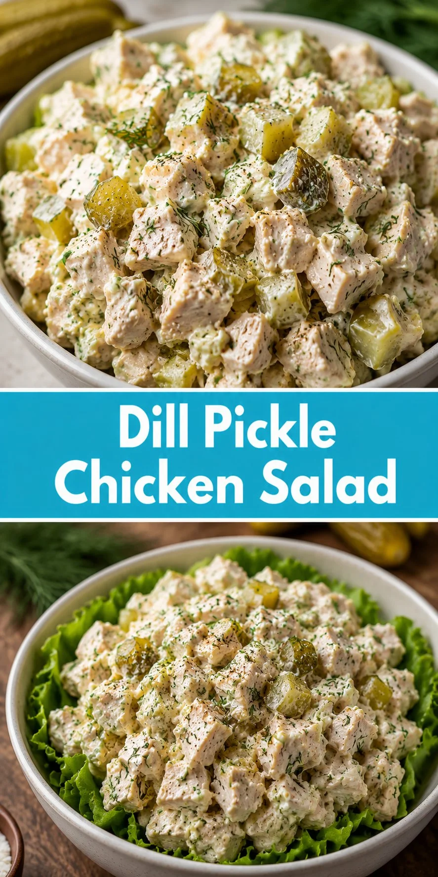A bowl of Dill Pickle Chicken Salad with chunks of chicken, pickles, and fresh herbs.