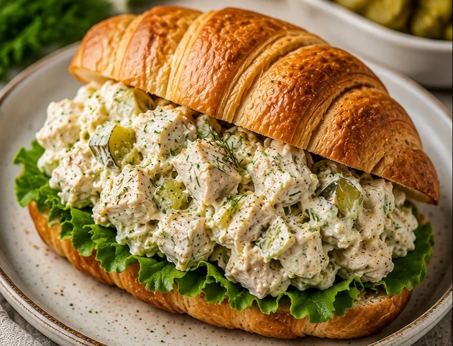 Bowl of Dill Pickle Chicken Salad with chicken, pickles, and dressing.